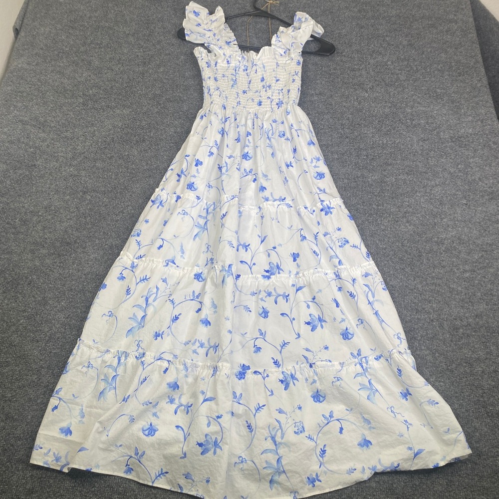 Hill House Home Ellie Nap Dress Blue White Floral Smocked Tiered Midi Womens M